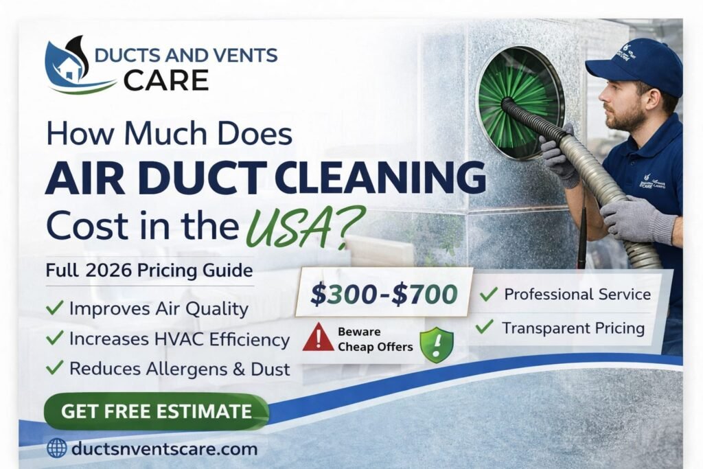 How Much Does Air Duct Cleaning Cost in the USA?” ad featuring a technician cleaning ductwork, pricing between $300–$700, service benefits, and a free estimate button with ductsnventscare.com.